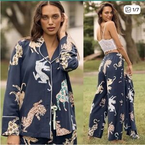 By Anthropologie Leopard Print Flannel Buttondown pajama set